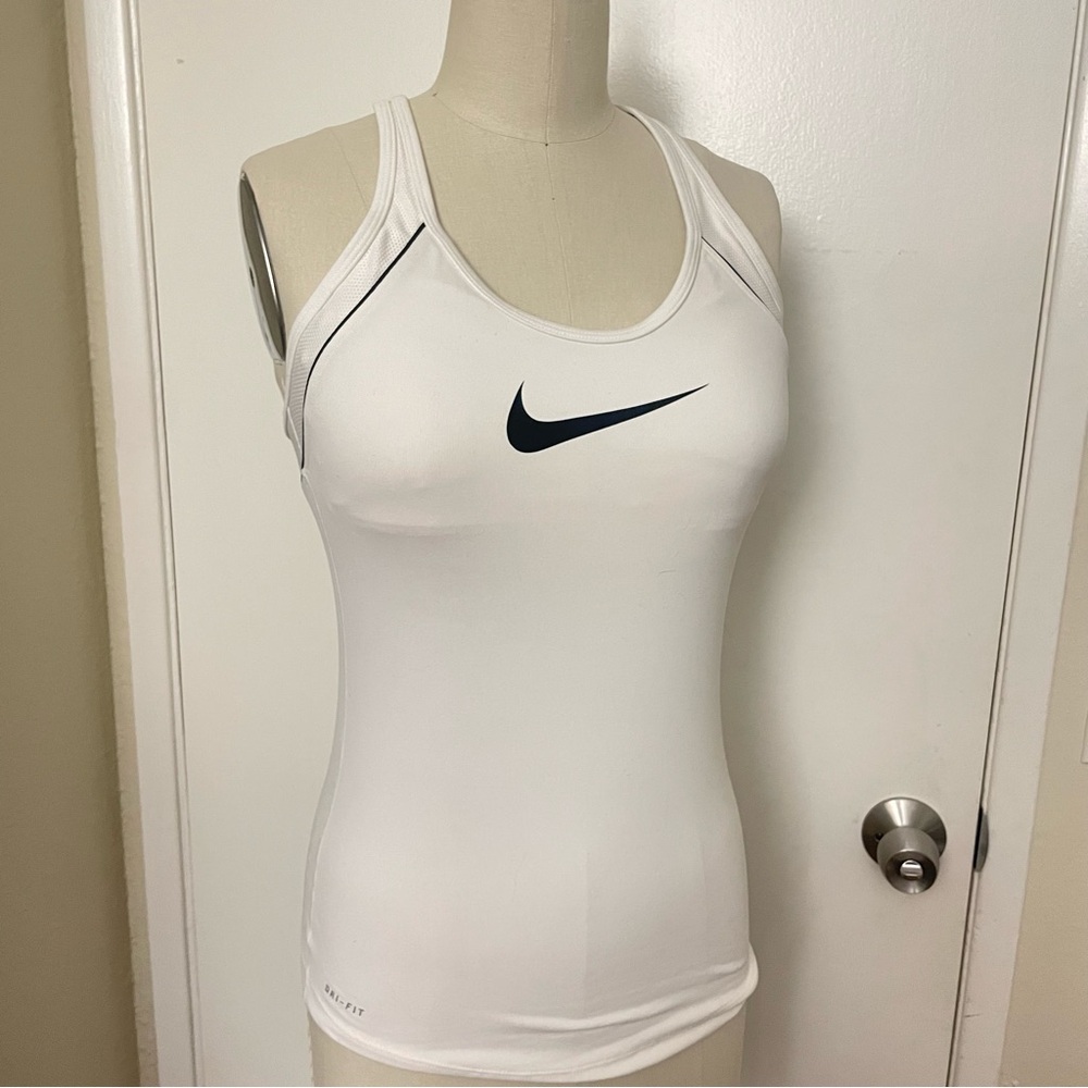 Nike white tank top built in sports bra with black swoosh, size M